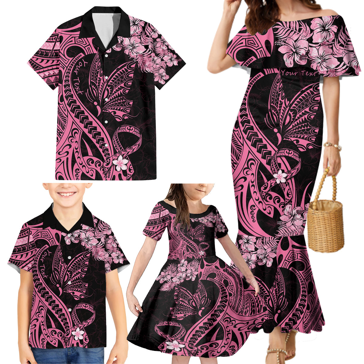 Personalised Polynesian Floral Butterfly Family Matching Mermaid Dress and Hawaiian Shirt Breast Cancer Pink Ribbon LT9 - Wonder Print Shop