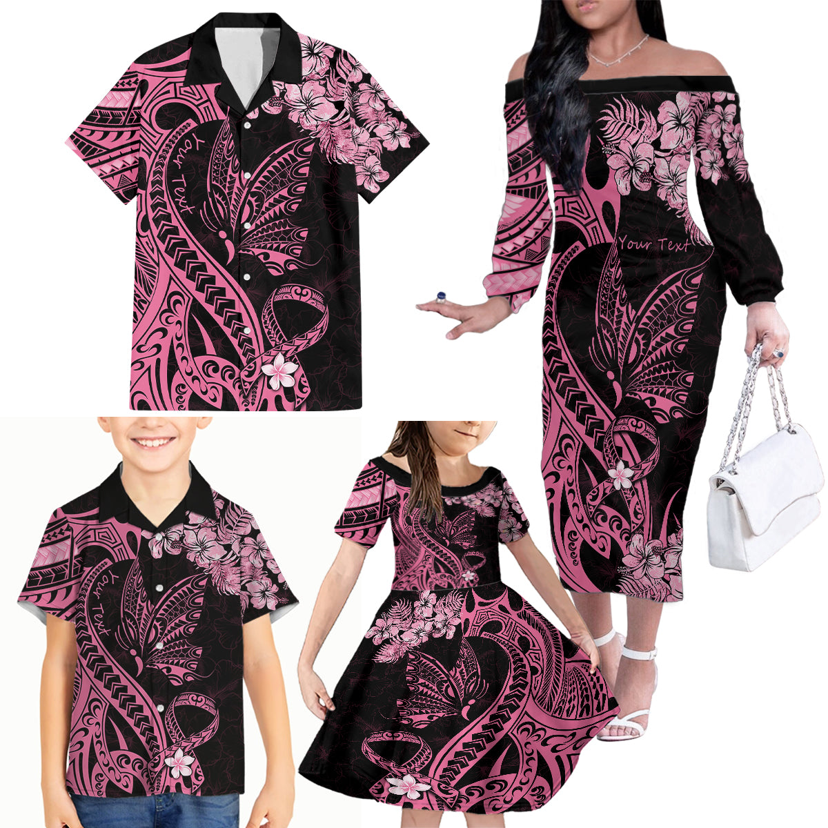 Personalised Polynesian Floral Butterfly Family Matching Off Shoulder Long Sleeve Dress and Hawaiian Shirt Breast Cancer Pink Ribbon - Wonder Print Shop