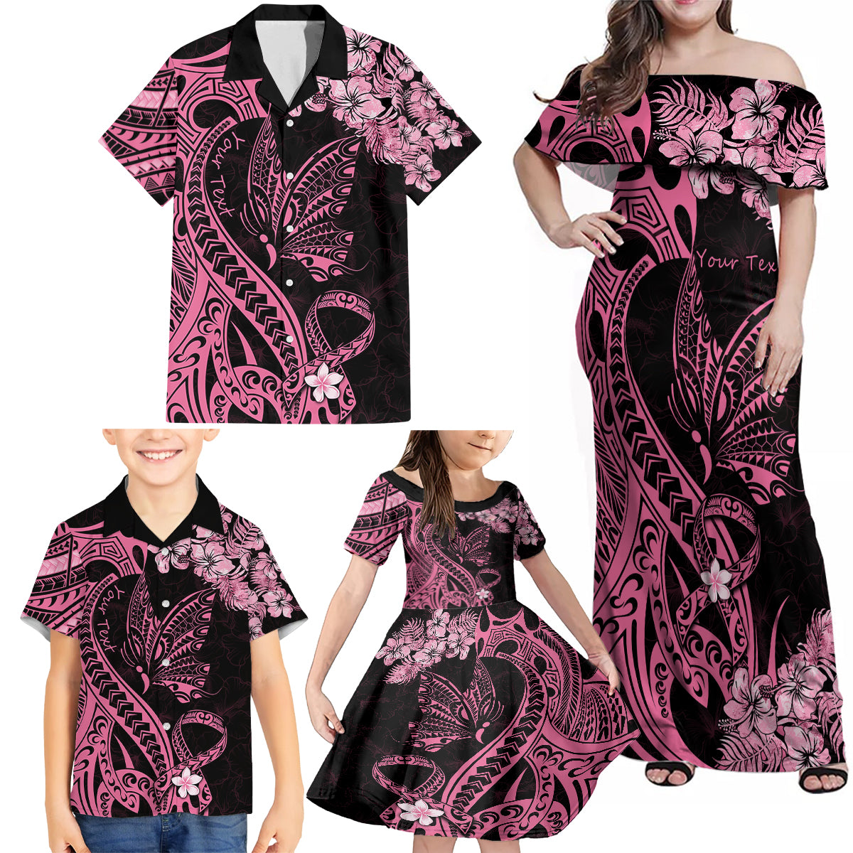 Personalised Polynesian Floral Butterfly Family Matching Off Shoulder Maxi Dress and Hawaiian Shirt Breast Cancer Pink Ribbon LT9 - Wonder Print Shop
