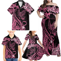 Personalised Polynesian Floral Butterfly Family Matching Off Shoulder Maxi Dress and Hawaiian Shirt Breast Cancer Pink Ribbon LT9 - Wonder Print Shop