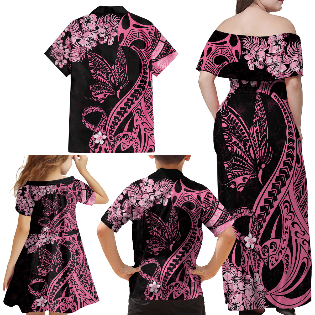 Personalised Polynesian Floral Butterfly Family Matching Off Shoulder Maxi Dress and Hawaiian Shirt Breast Cancer Pink Ribbon LT9 - Wonder Print Shop