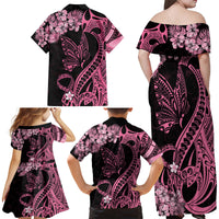 Personalised Polynesian Floral Butterfly Family Matching Off Shoulder Maxi Dress and Hawaiian Shirt Breast Cancer Pink Ribbon LT9 - Wonder Print Shop