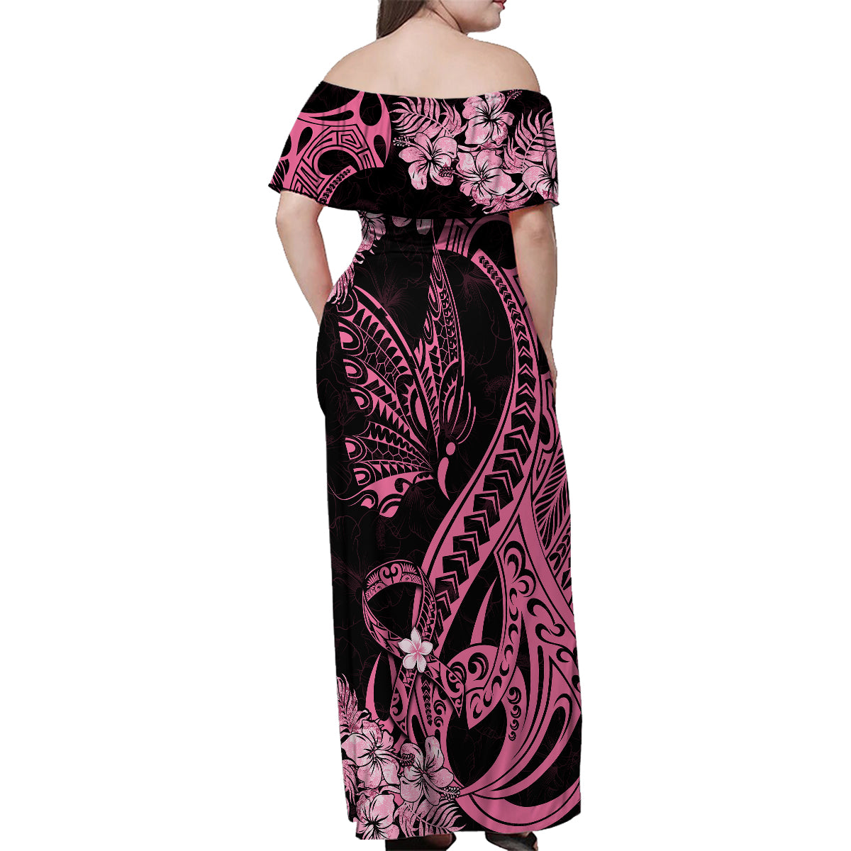 Personalised Polynesian Floral Butterfly Family Matching Off Shoulder Maxi Dress and Hawaiian Shirt Breast Cancer Pink Ribbon LT9 - Wonder Print Shop