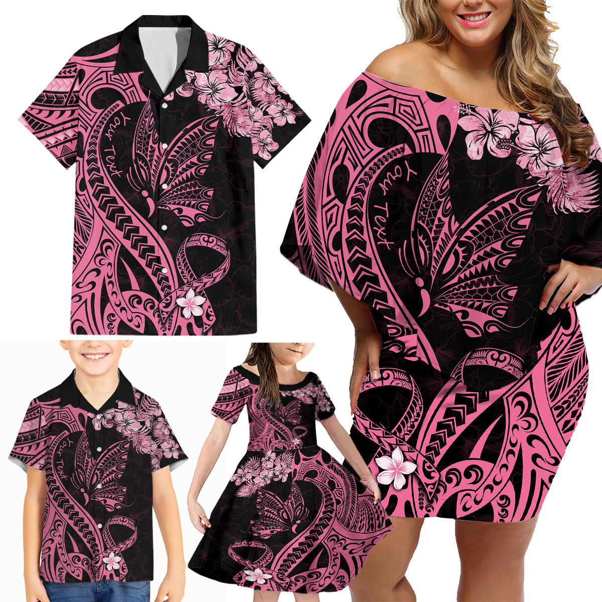 Personalised Polynesian Floral Butterfly Family Matching Off Shoulder Short Dress and Hawaiian Shirt Breast Cancer Pink Ribbon LT9 - Wonder Print Shop