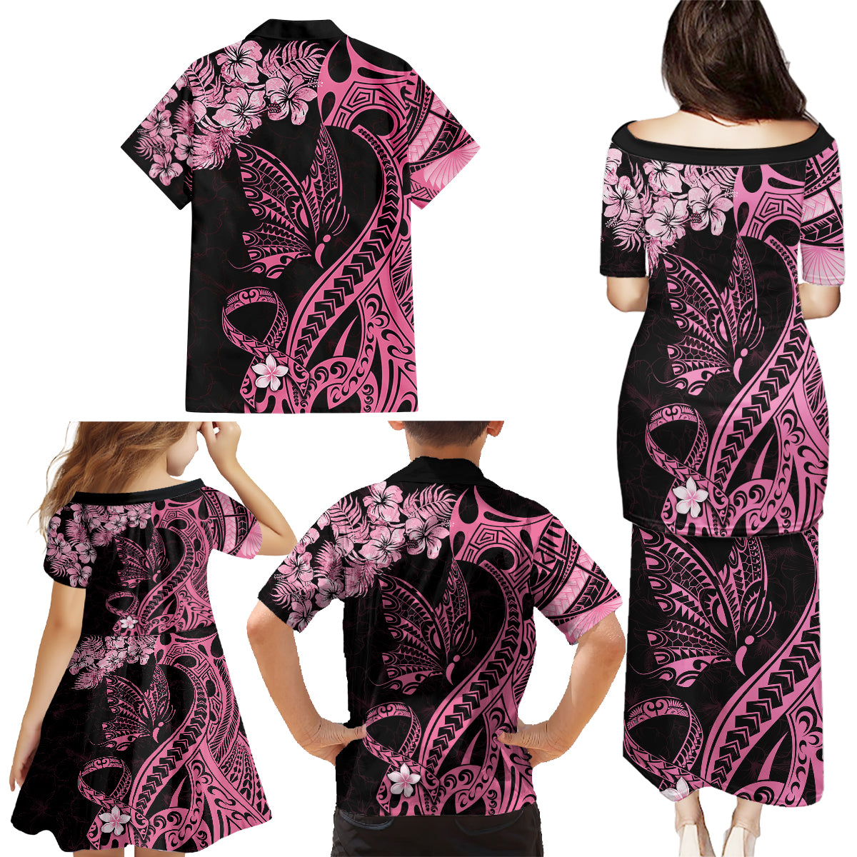 Personalised Polynesian Floral Butterfly Family Matching Puletasi Dress and Hawaiian Shirt Breast Cancer Pink Ribbon - Wonder Print Shop