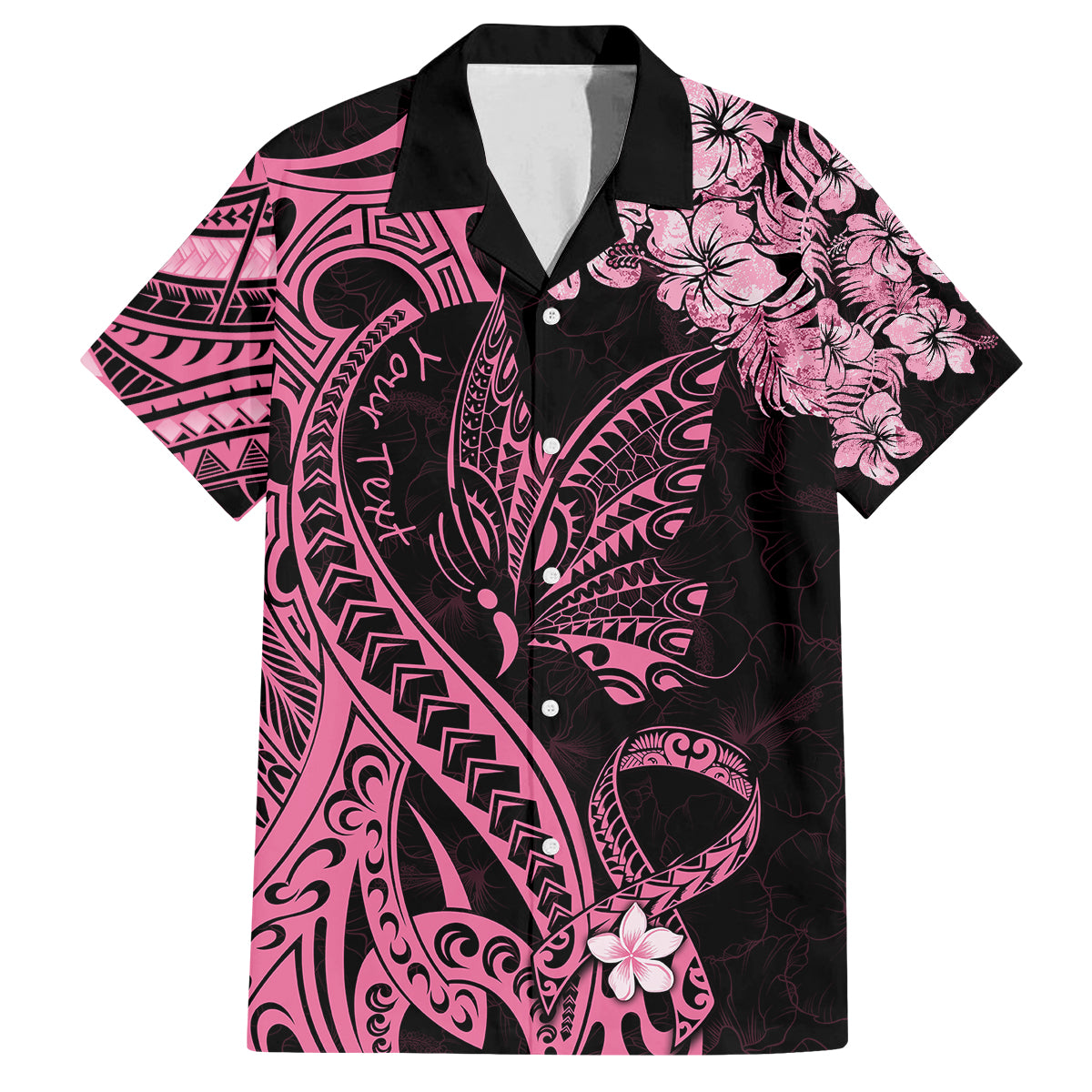 Personalised Polynesian Floral Butterfly Family Matching Puletasi Dress and Hawaiian Shirt Breast Cancer Pink Ribbon - Wonder Print Shop