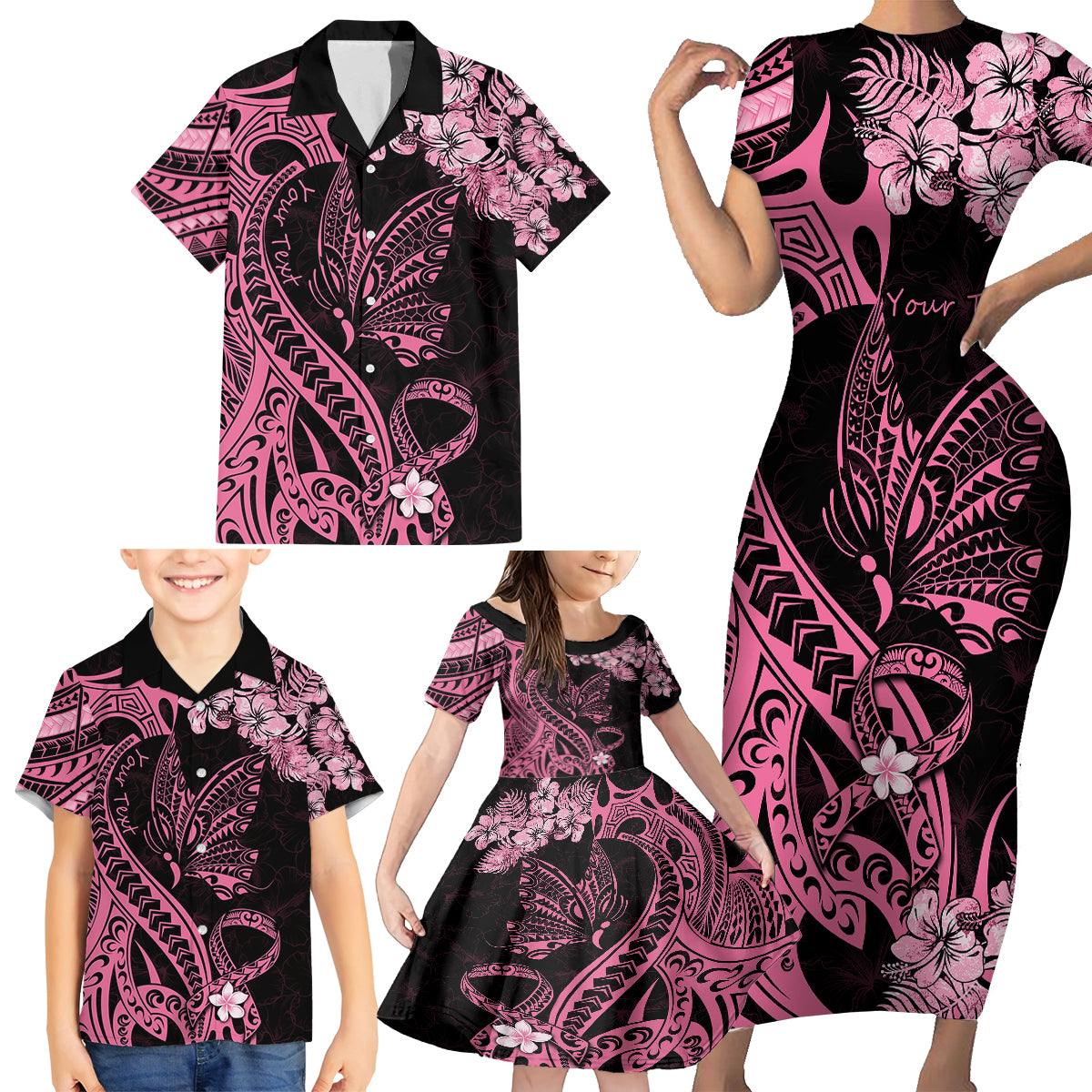 Personalised Polynesian Floral Butterfly Family Matching Short Sleeve Bodycon Dress and Hawaiian Shirt Breast Cancer Pink Ribbon - Wonder Print Shop