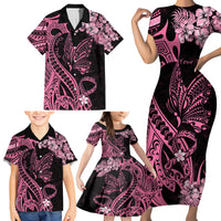Personalised Polynesian Floral Butterfly Family Matching Short Sleeve Bodycon Dress and Hawaiian Shirt Breast Cancer Pink Ribbon - Wonder Print Shop