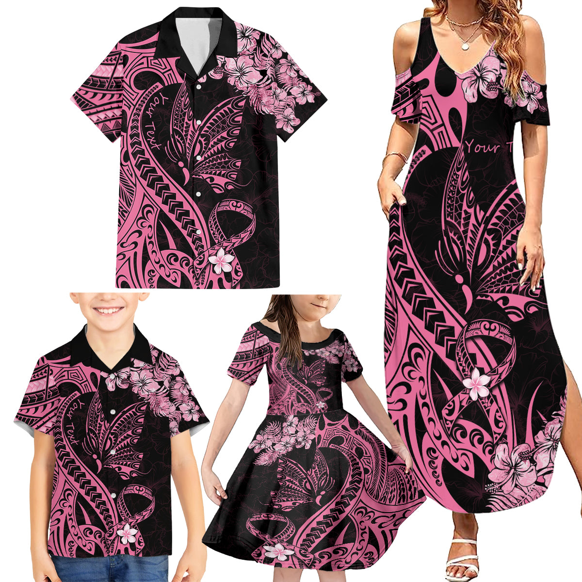 Personalised Polynesian Floral Butterfly Family Matching Summer Maxi Dress and Hawaiian Shirt Breast Cancer Pink Ribbon - Wonder Print Shop