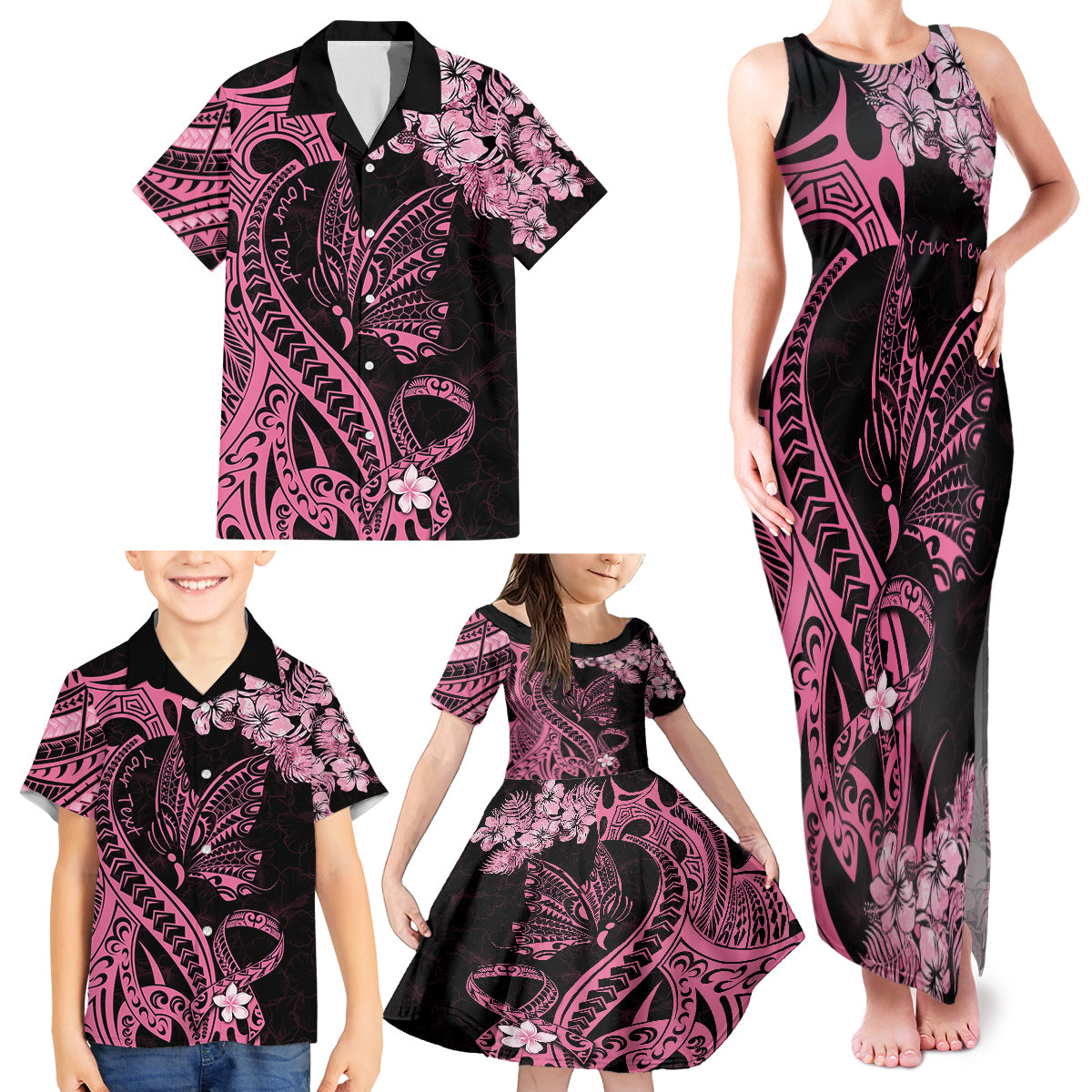 Personalised Polynesian Floral Butterfly Family Matching Tank Maxi Dress and Hawaiian Shirt Breast Cancer Pink Ribbon - Wonder Print Shop