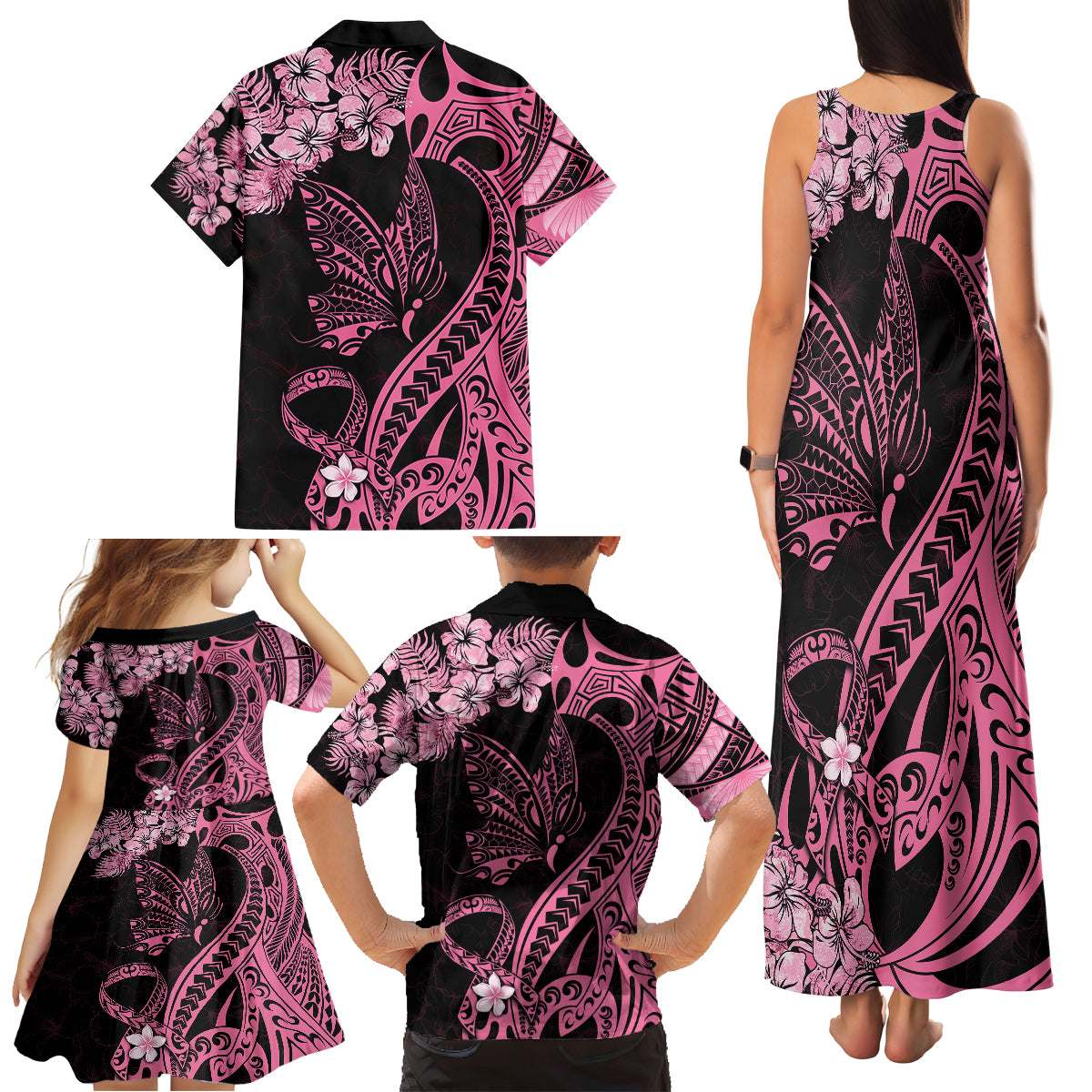 Personalised Polynesian Floral Butterfly Family Matching Tank Maxi Dress and Hawaiian Shirt Breast Cancer Pink Ribbon - Wonder Print Shop