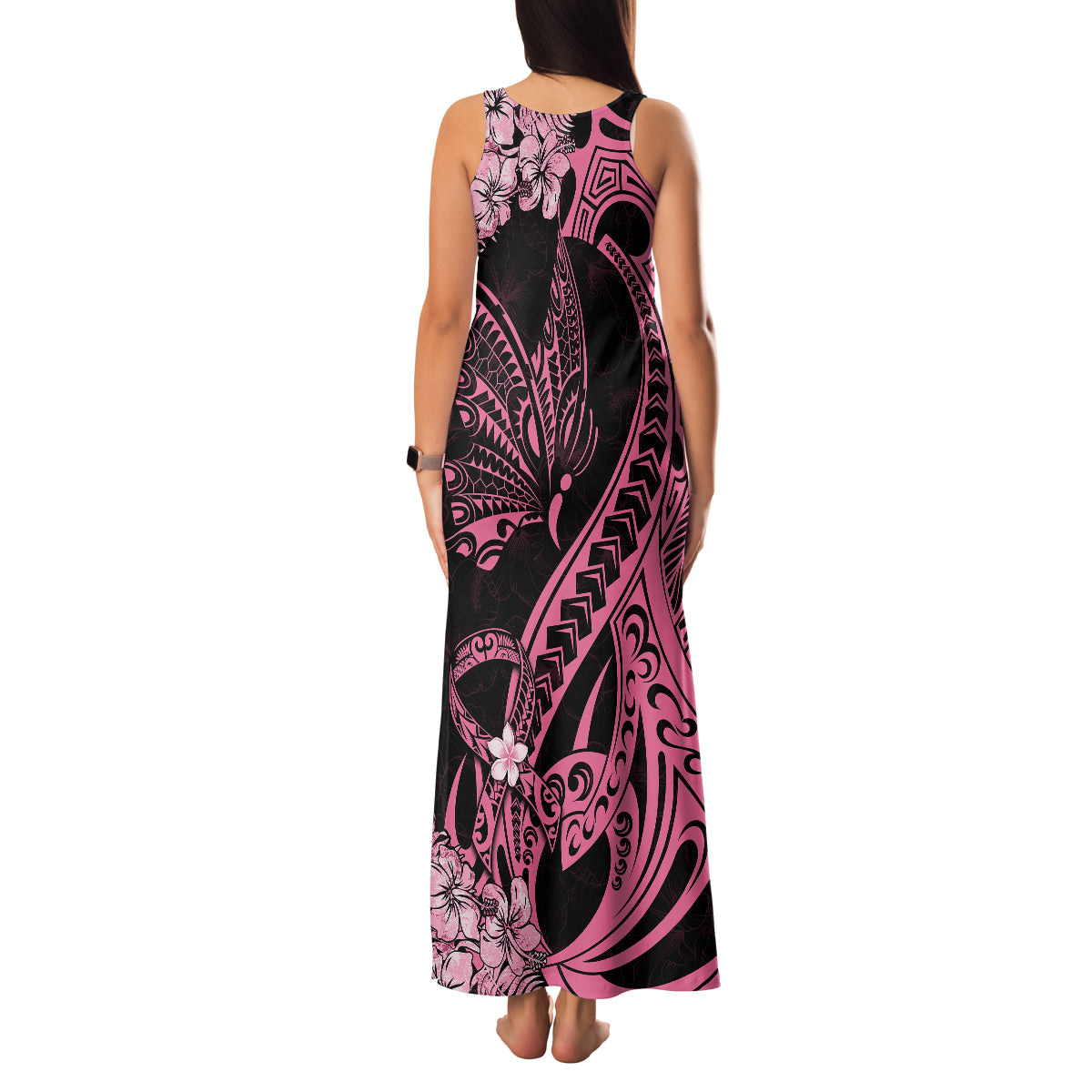 Personalised Polynesian Floral Butterfly Family Matching Tank Maxi Dress and Hawaiian Shirt Breast Cancer Pink Ribbon - Wonder Print Shop
