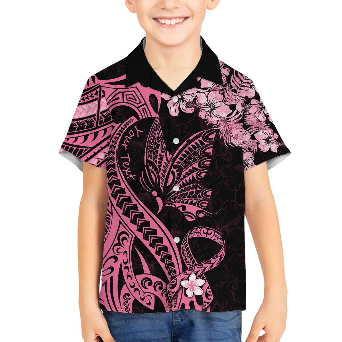 Personalised Polynesian Floral Butterfly Kid Hawaiian Shirt Breast Cancer Pink Ribbon - Wonder Print Shop