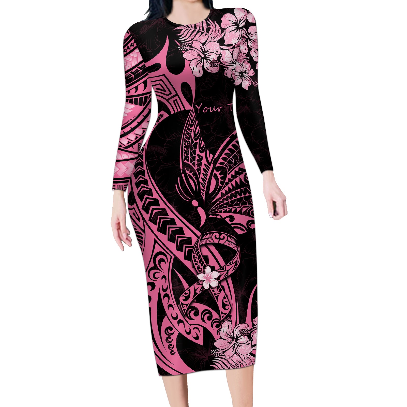 Personalised Polynesian Floral Butterfly Long Sleeve Bodycon Dress Breast Cancer Pink Ribbon - Wonder Print Shop