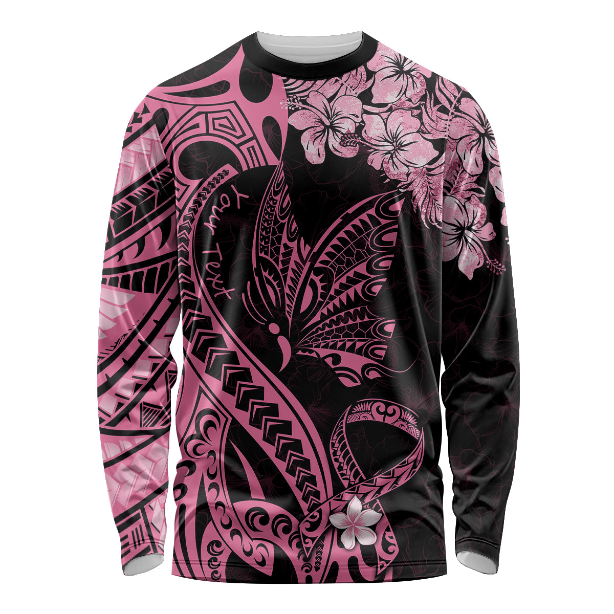 Personalised Polynesian Floral Butterfly Long Sleeve Shirt Breast Cancer Pink Ribbon - Wonder Print Shop