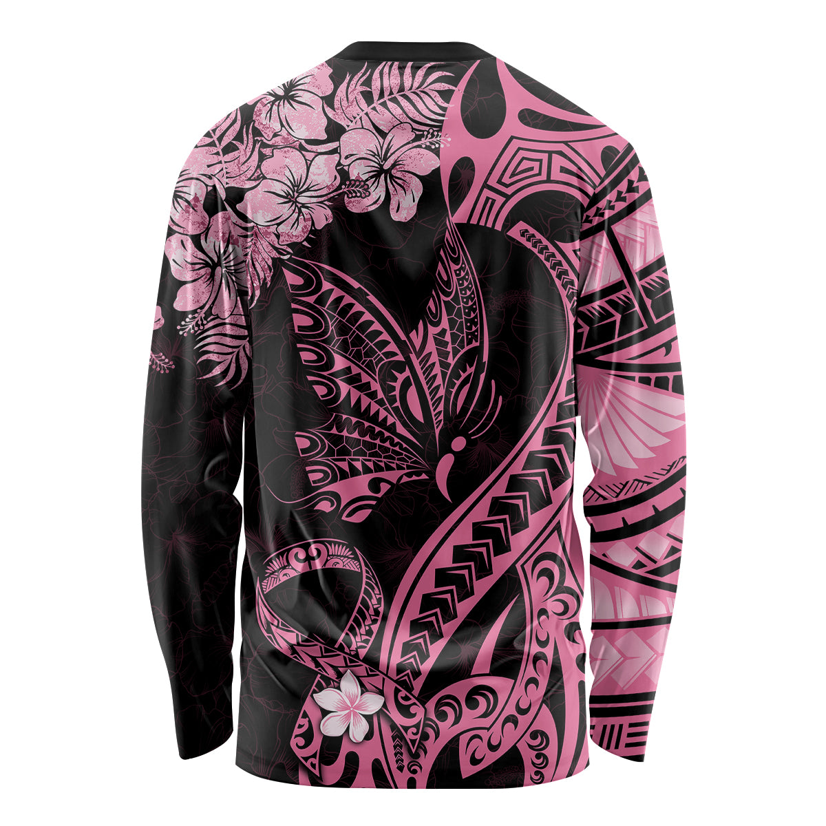 Personalised Polynesian Floral Butterfly Long Sleeve Shirt Breast Cancer Pink Ribbon - Wonder Print Shop