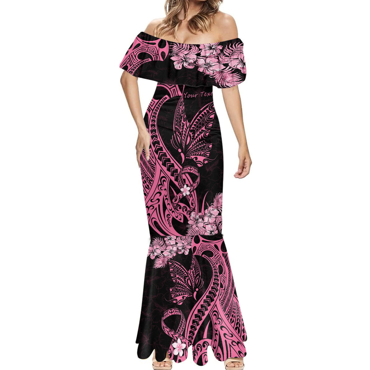 Personalised Polynesian Floral Butterfly Mermaid Dress Breast Cancer Pink Ribbon - Wonder Print Shop