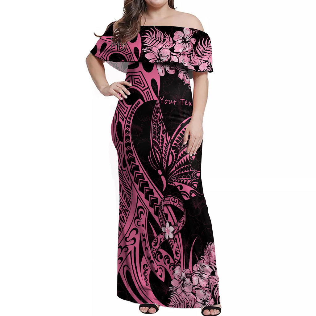 Personalised Polynesian Floral Butterfly Off Shoulder Maxi Dress Breast Cancer Pink Ribbon - Wonder Print Shop