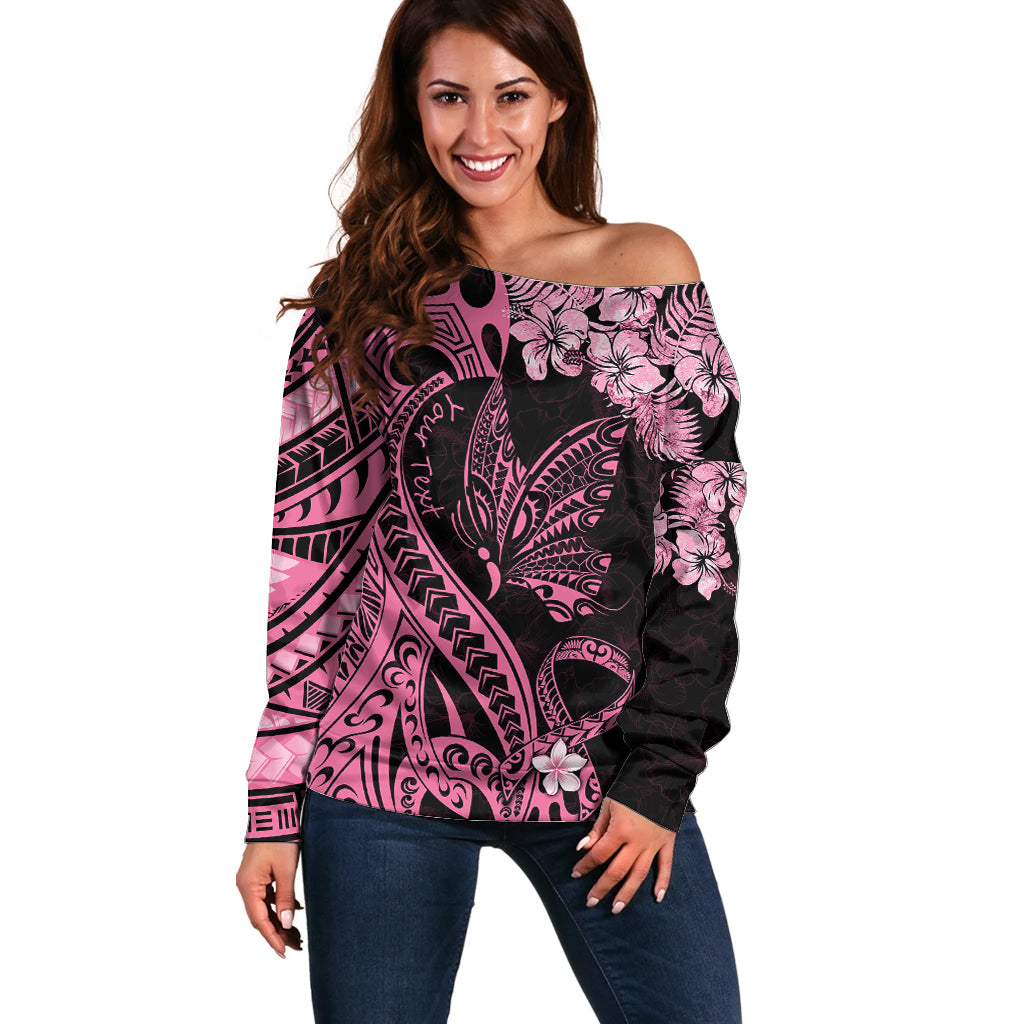 Personalised Polynesian Floral Butterfly Off Shoulder Sweater Breast Cancer Pink Ribbon - Wonder Print Shop