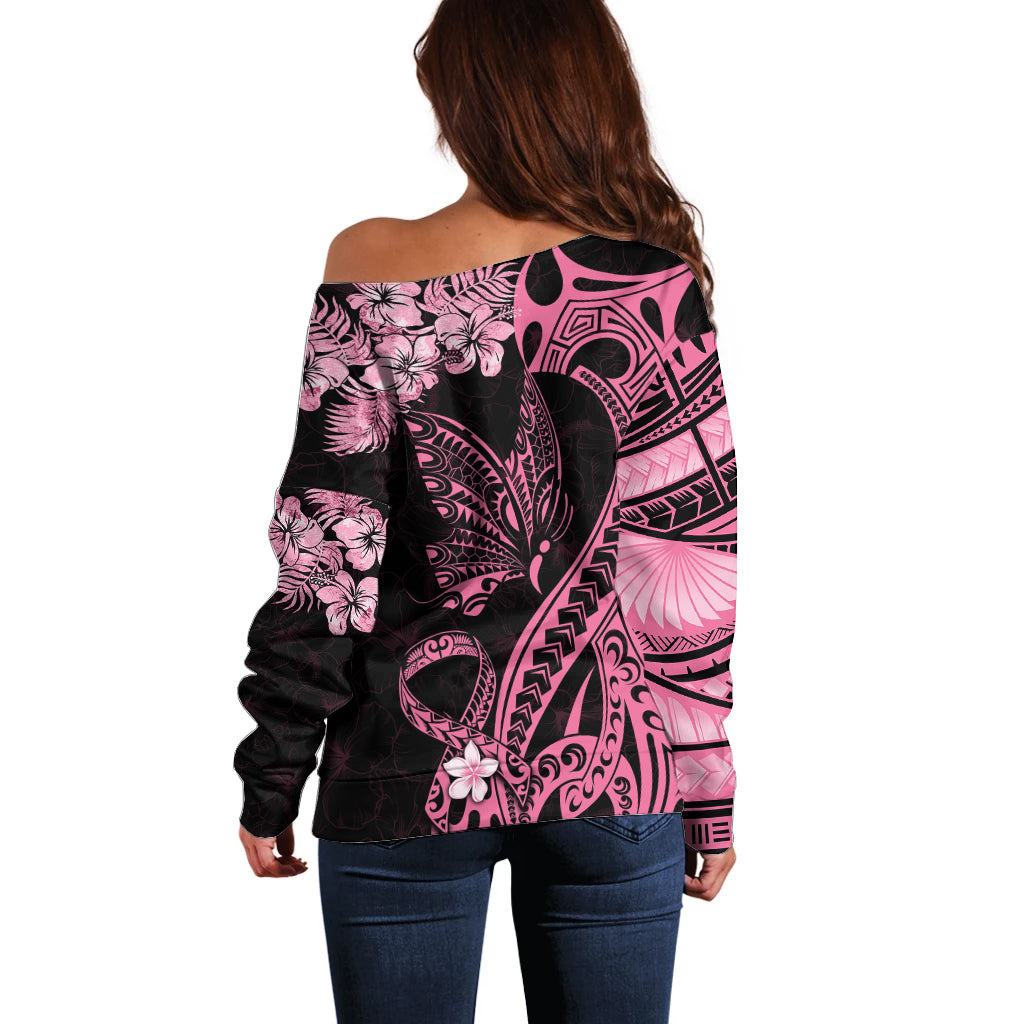 Personalised Polynesian Floral Butterfly Off Shoulder Sweater Breast Cancer Pink Ribbon - Wonder Print Shop