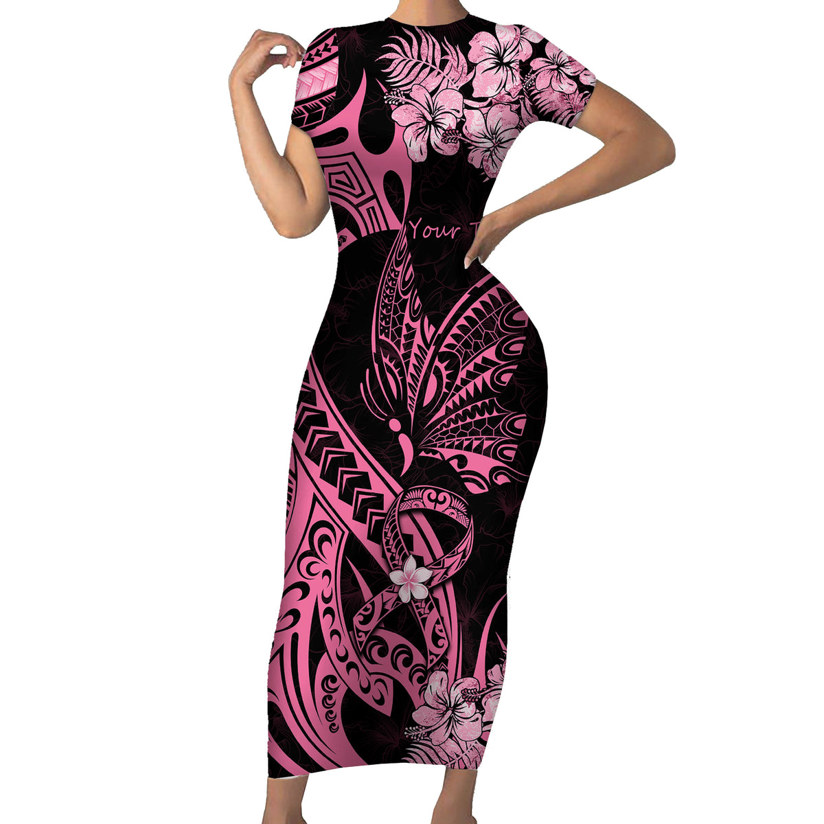 Personalised Polynesian Floral Butterfly Short Sleeve Bodycon Dress Breast Cancer Pink Ribbon - Wonder Print Shop