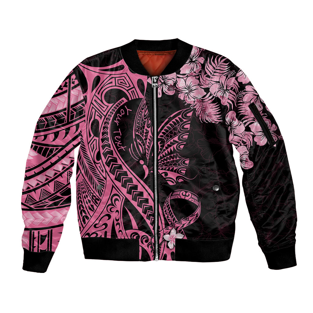 Personalised Polynesian Floral Butterfly Sleeve Zip Bomber Jacket Breast Cancer Pink Ribbon - Wonder Print Shop