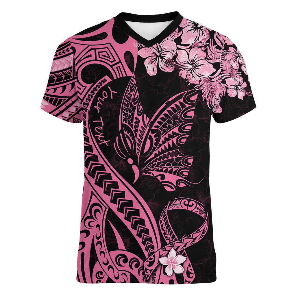 Personalised Polynesian Floral Butterfly Women V Neck T Shirt Breast Cancer Pink Ribbon - Wonder Print Shop