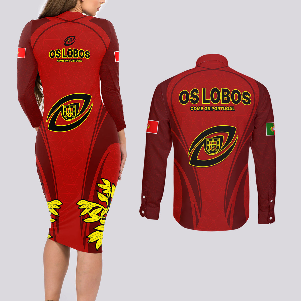 Portugal Rugby Couples Matching Long Sleeve Bodycon Dress and Long Sleeve Button Shirts The Wolves World Cup 2023 Go Os Lobos LT9 - Wonder Print Shop