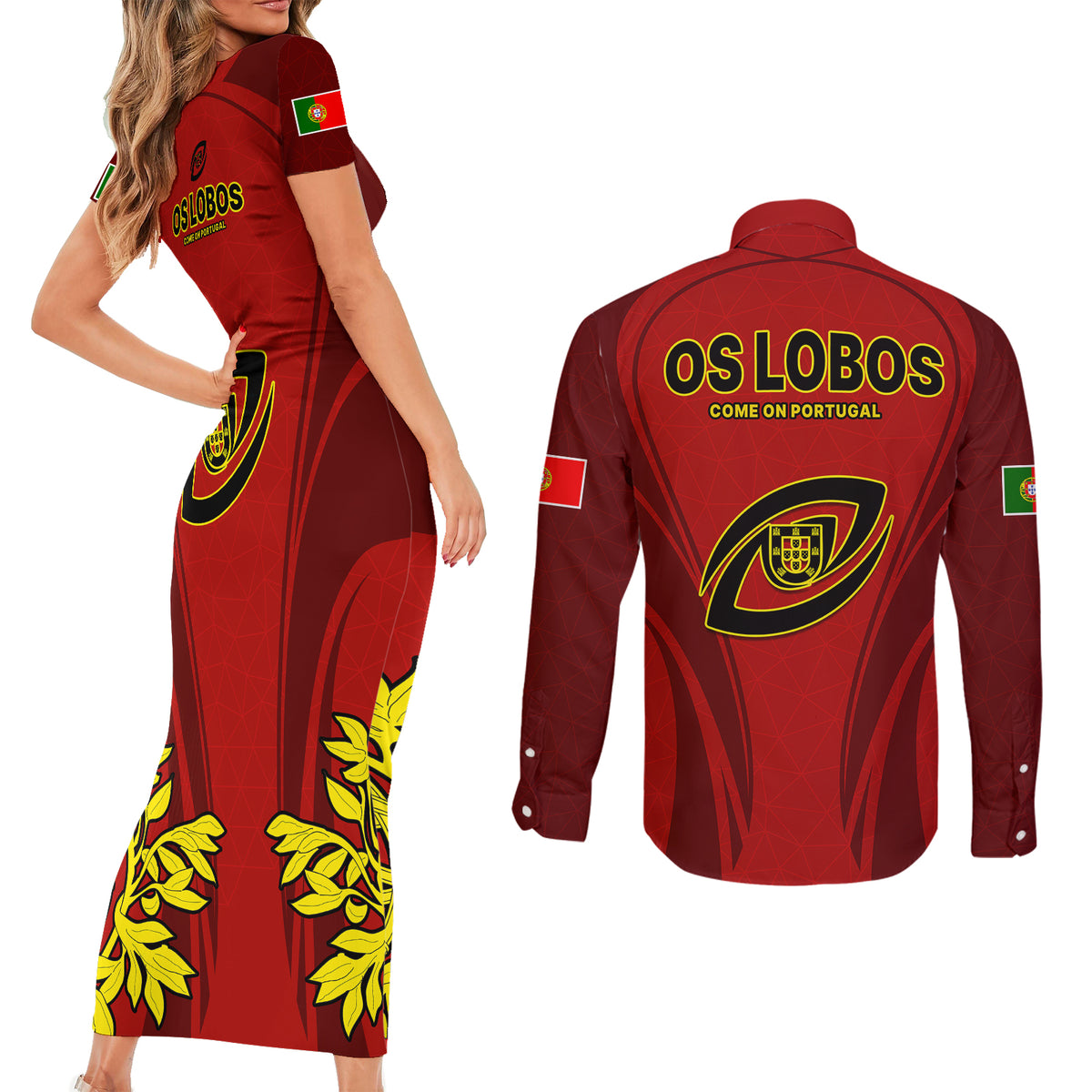 Portugal Rugby Couples Matching Short Sleeve Bodycon Dress and Long Sleeve Button Shirts The Wolves World Cup 2023 Go Os Lobos LT9 - Wonder Print Shop