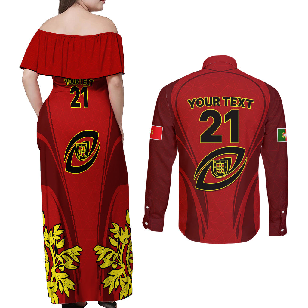 Custom Portugal Rugby Couples Matching Off Shoulder Maxi Dress and Long Sleeve Button Shirts The Wolves World Cup 2023 Go Os Lobos LT9 - Wonder Print Shop
