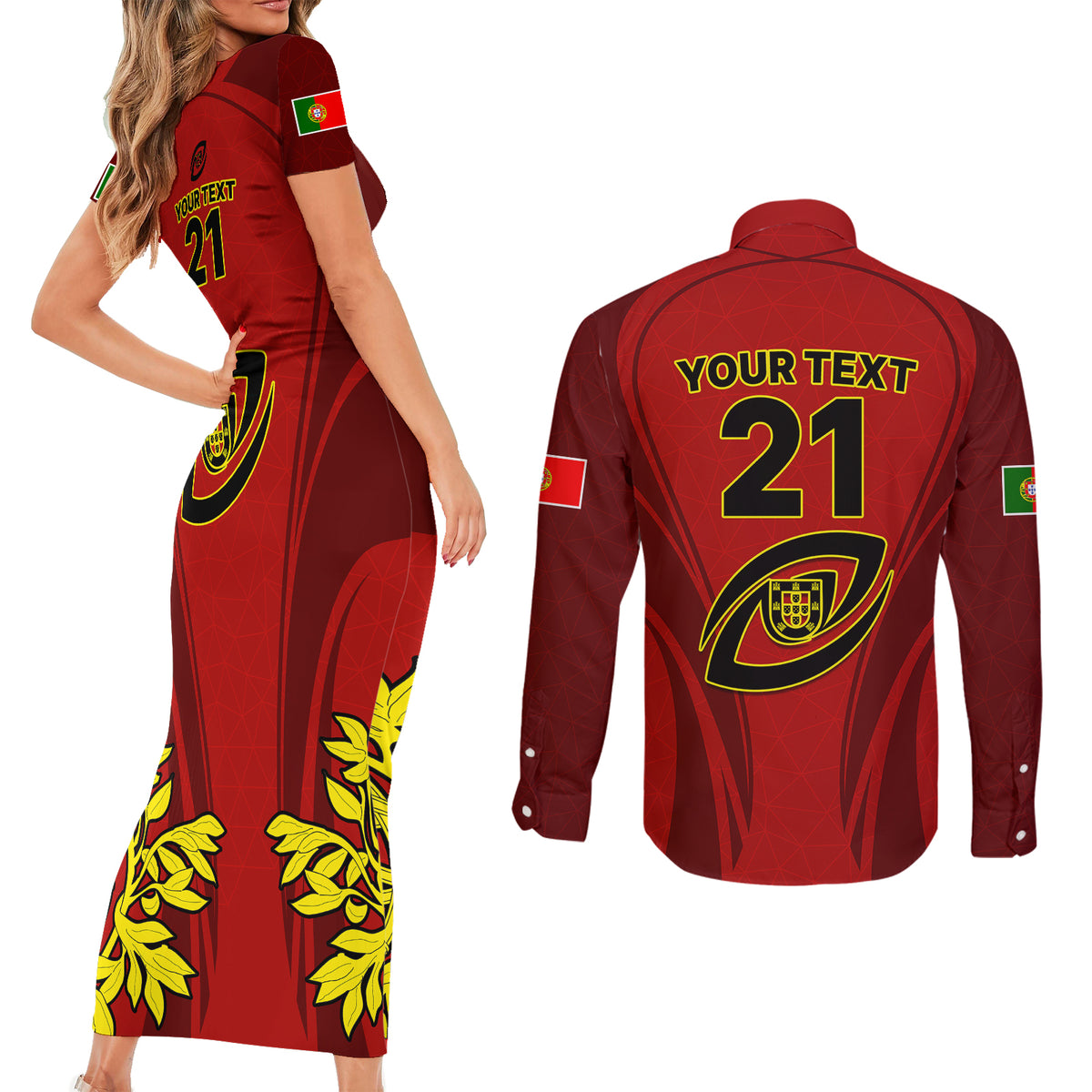 Custom Portugal Rugby Couples Matching Short Sleeve Bodycon Dress and Long Sleeve Button Shirts The Wolves World Cup 2023 Go Os Lobos LT9 - Wonder Print Shop