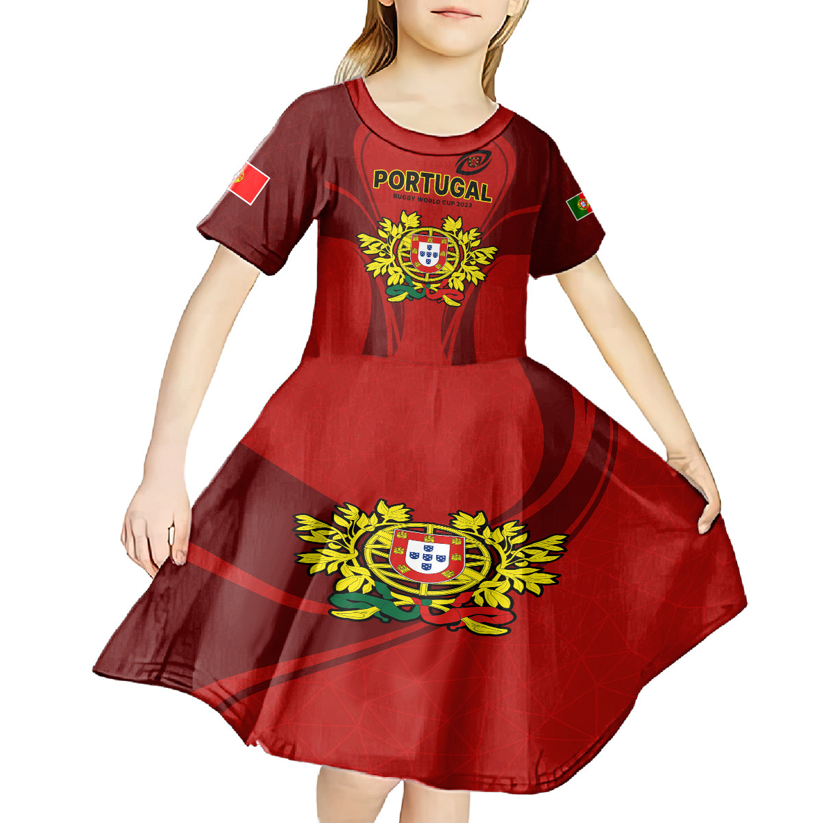 Custom Portugal Rugby Kid Short Sleeve Dress The Wolves World Cup 2023 Go Os Lobos - Wonder Print Shop
