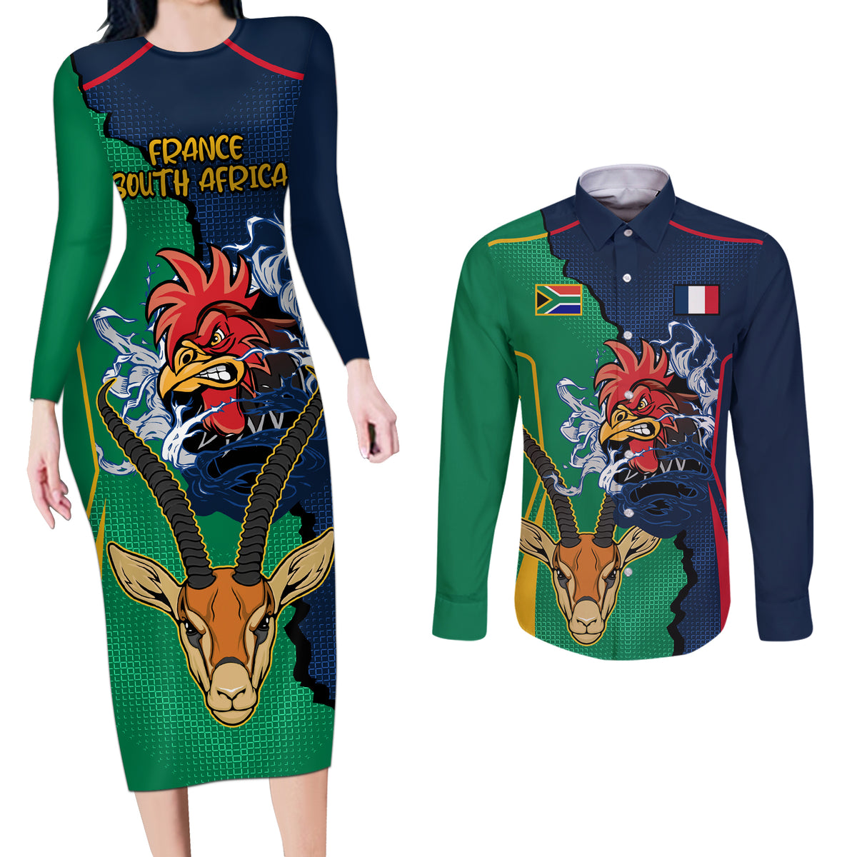 France South Africa Rugby Couples Matching Long Sleeve Bodycon Dress and Long Sleeve Button Shirts Springboks and Gallic Rooster World Cup 2023 LT9 - Wonder Print Shop