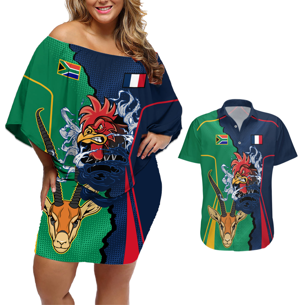 France South Africa Rugby Couples Matching Off Shoulder Short Dress and Hawaiian Shirt Springboks and Gallic Rooster World Cup 2023 LT9 - Wonder Print Shop