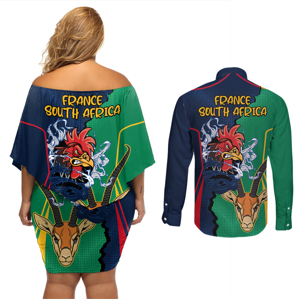 France South Africa Rugby Couples Matching Off Shoulder Short Dress and Long Sleeve Button Shirts Springboks and Gallic Rooster World Cup 2023 LT9 - Wonder Print Shop