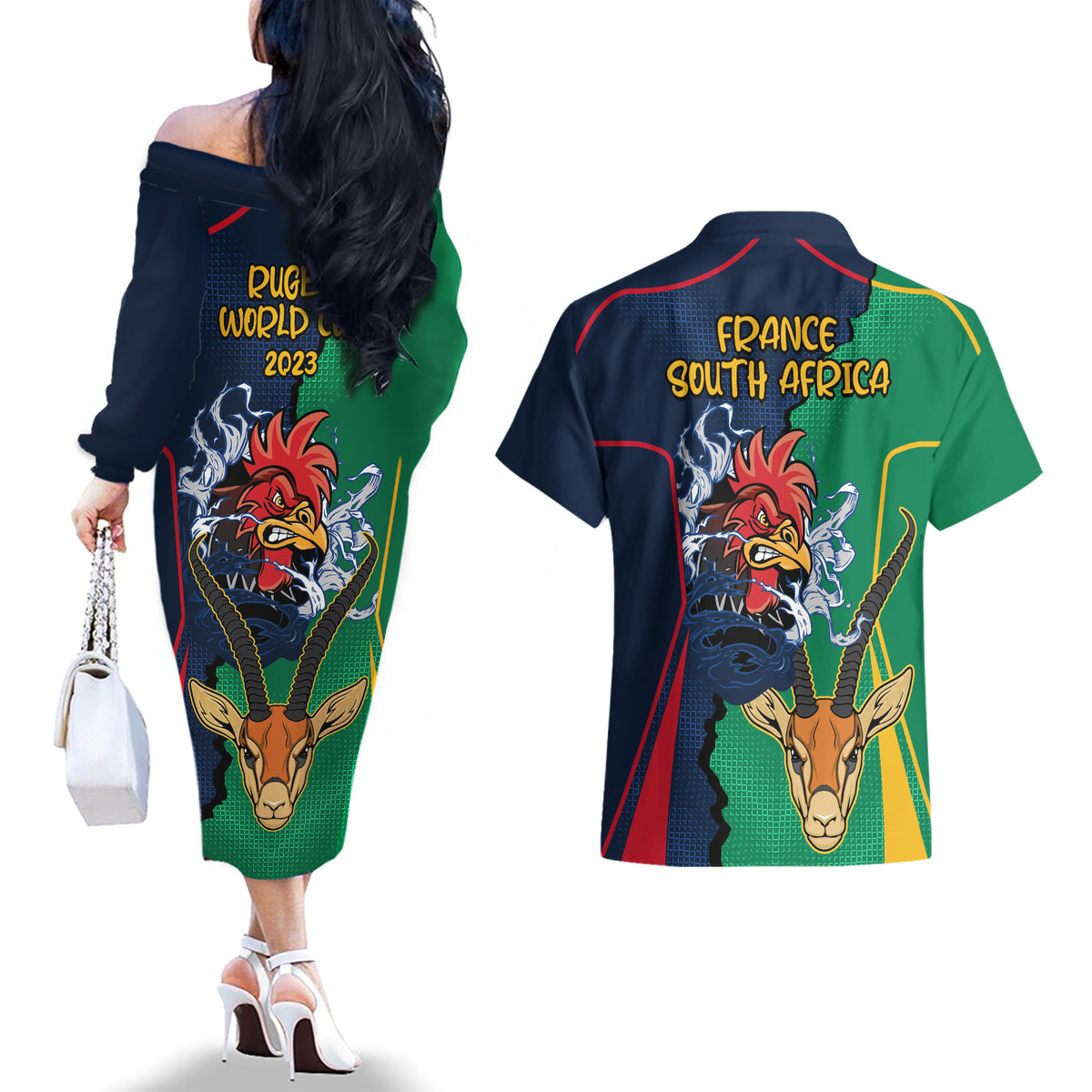 France South Africa Rugby Couples Matching Off The Shoulder Long Sleeve Dress and Hawaiian Shirt Springboks and Gallic Rooster World Cup 2023 LT9 - Wonder Print Shop