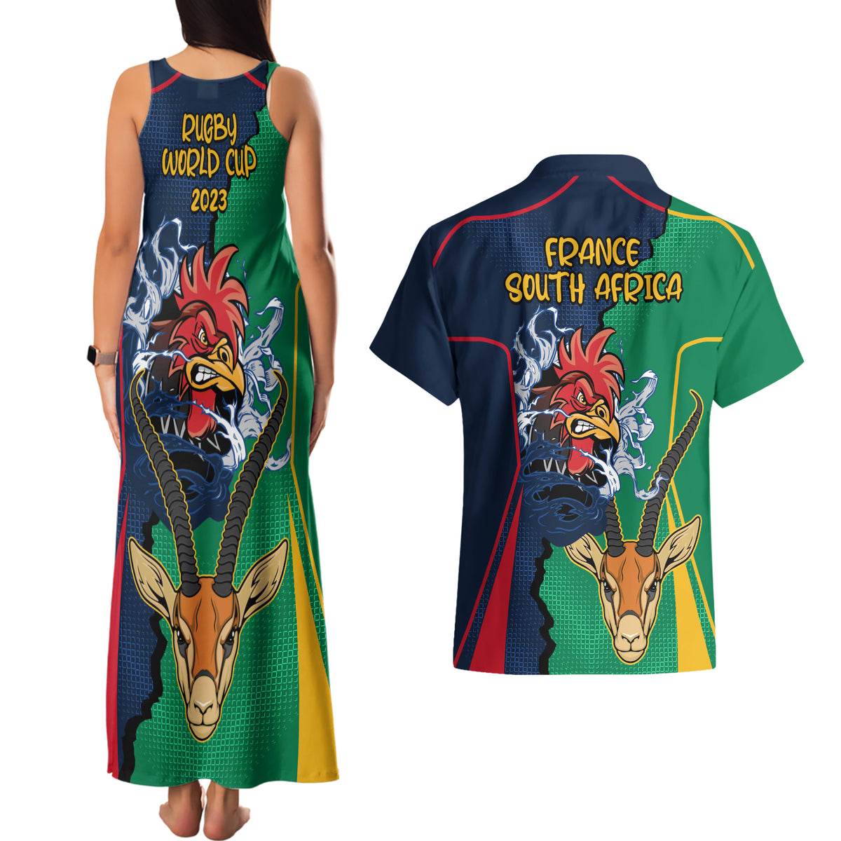 France South Africa Rugby Couples Matching Tank Maxi Dress and Hawaiian Shirt Springboks and Gallic Rooster World Cup 2023 LT9 - Wonder Print Shop