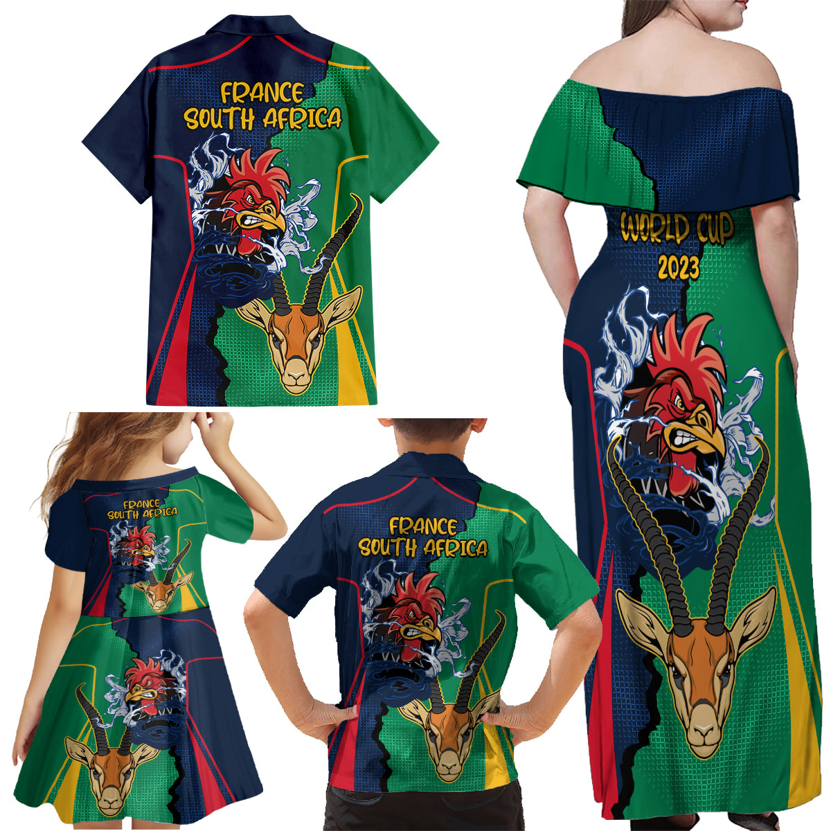 France South Africa Rugby Family Matching Off Shoulder Maxi Dress and Hawaiian Shirt Springboks and Gallic Rooster World Cup 2023 LT9 - Wonder Print Shop