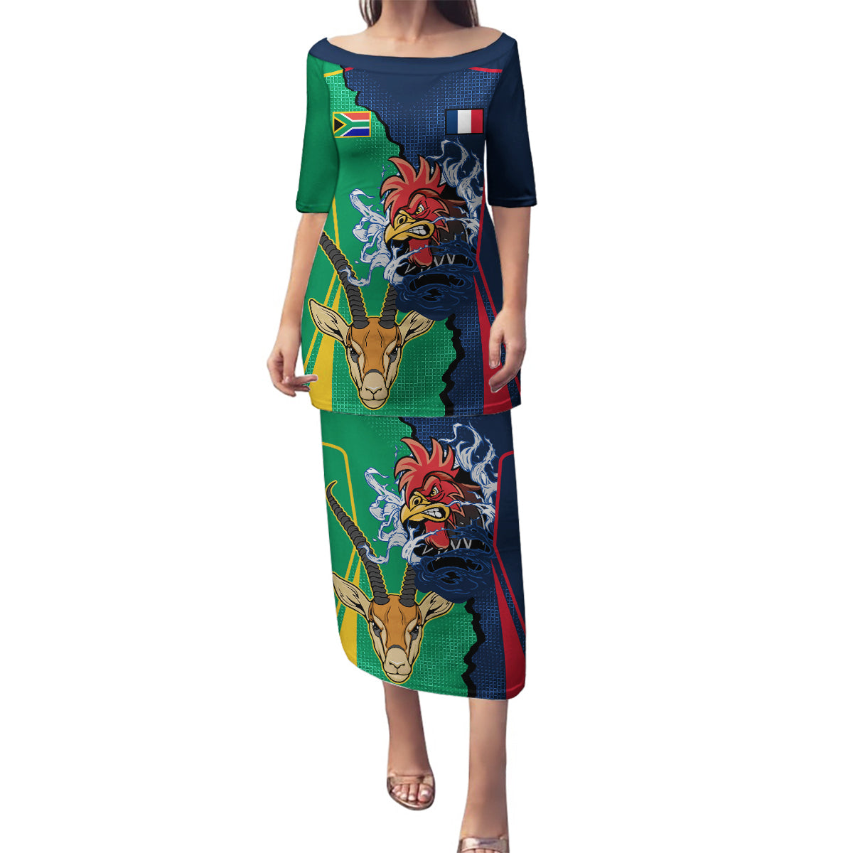 France South Africa Rugby Family Matching Puletasi Dress and Hawaiian Shirt Springboks and Gallic Rooster World Cup 2023 - Wonder Print Shop