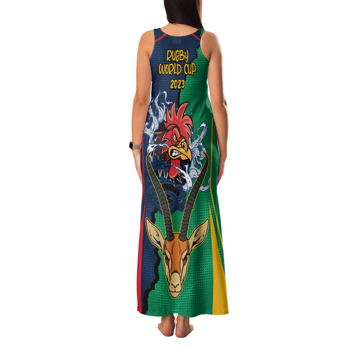France South Africa Rugby Family Matching Tank Maxi Dress and Hawaiian Shirt Springboks and Gallic Rooster World Cup 2023 - Wonder Print Shop