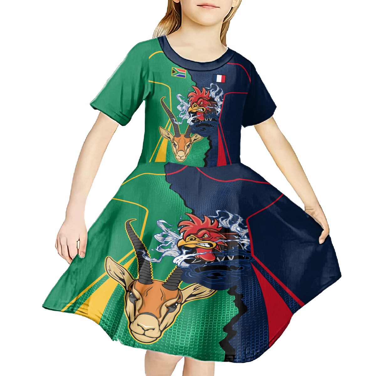 France South Africa Rugby Kid Short Sleeve Dress Springboks and Gallic Rooster World Cup 2023 - Wonder Print Shop