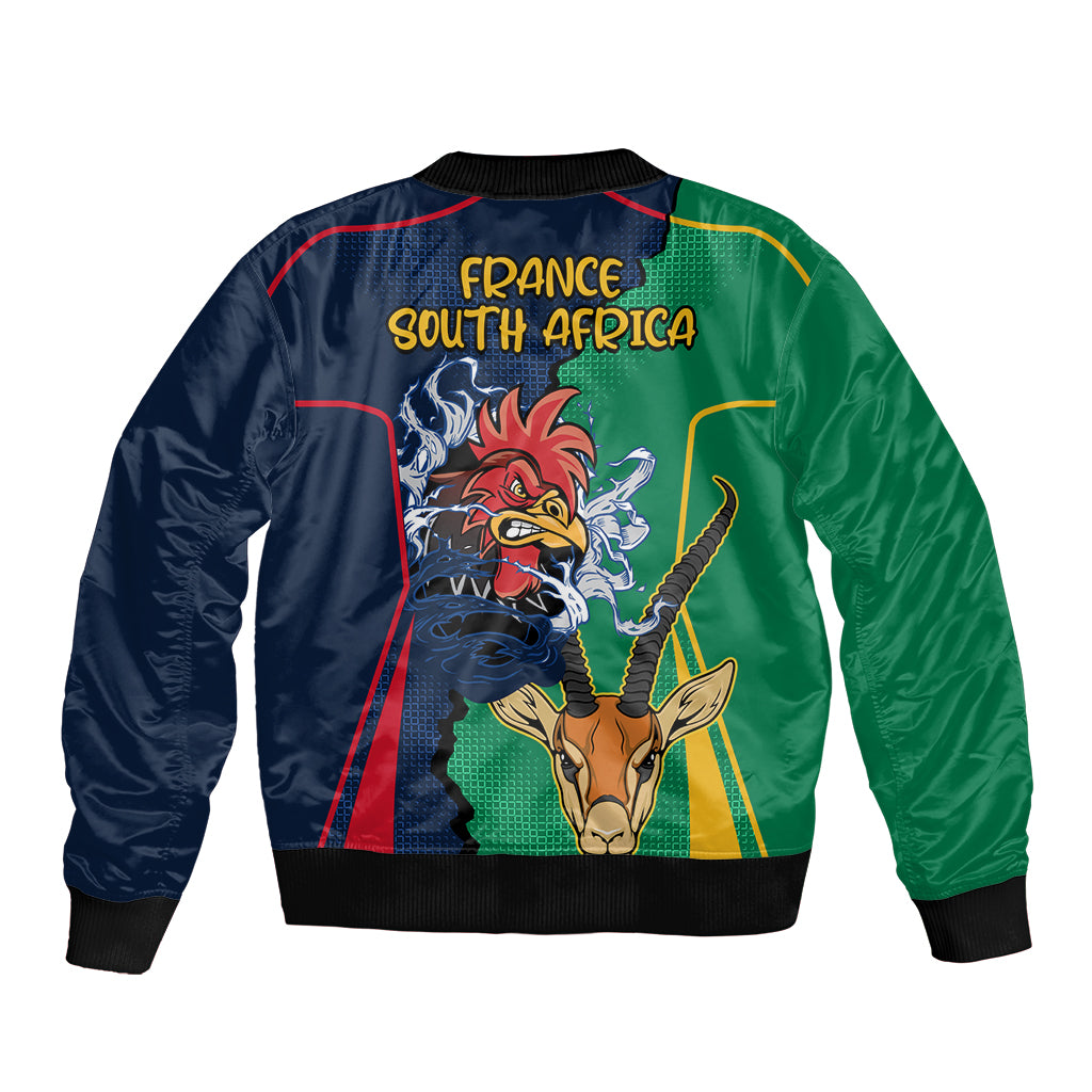 France South Africa Rugby Sleeve Zip Bomber Jacket Springboks and Gallic Rooster World Cup 2023 - Wonder Print Shop