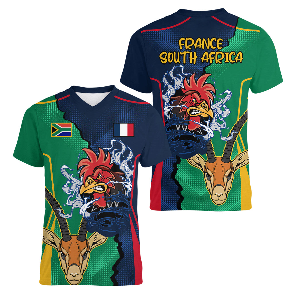 France South Africa Rugby Women V Neck T Shirt Springboks and Gallic Rooster World Cup 2023 - Wonder Print Shop