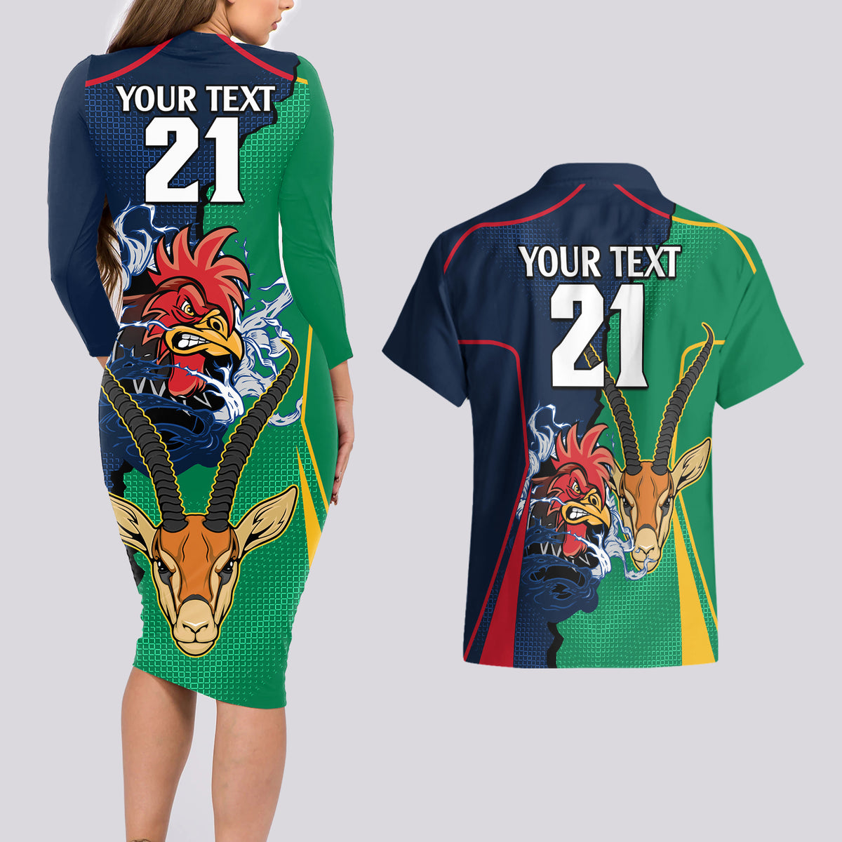 Custom France South Africa Rugby Couples Matching Long Sleeve Bodycon Dress and Hawaiian Shirt Springboks and Gallic Rooster World Cup 2023 LT9 - Wonder Print Shop