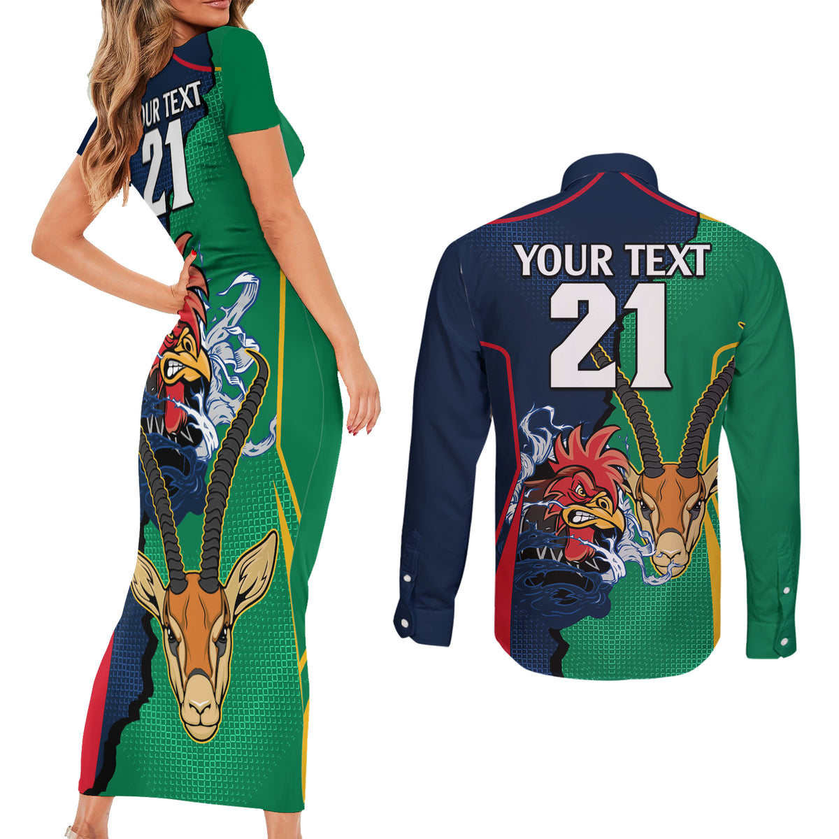 Custom France South Africa Rugby Couples Matching Short Sleeve Bodycon Dress and Long Sleeve Button Shirts Springboks and Gallic Rooster World Cup 2023 LT9 - Wonder Print Shop