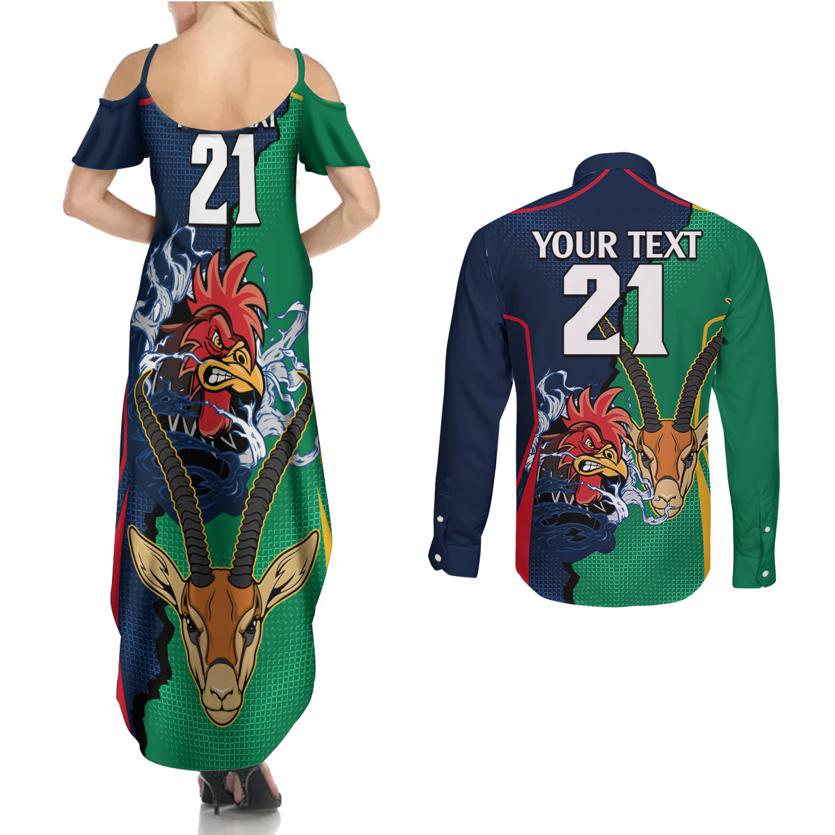 Custom France South Africa Rugby Couples Matching Summer Maxi Dress and Long Sleeve Button Shirts Springboks and Gallic Rooster World Cup 2023 LT9 - Wonder Print Shop