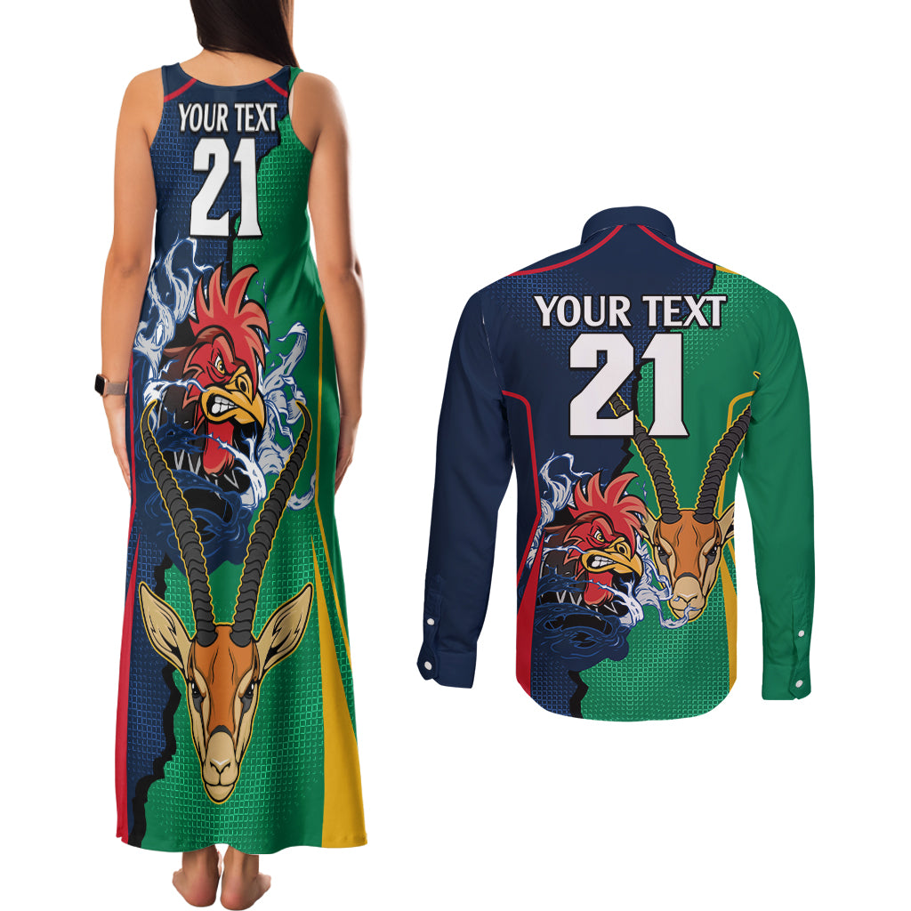 Custom France South Africa Rugby Couples Matching Tank Maxi Dress and Long Sleeve Button Shirts Springboks and Gallic Rooster World Cup 2023 LT9 - Wonder Print Shop