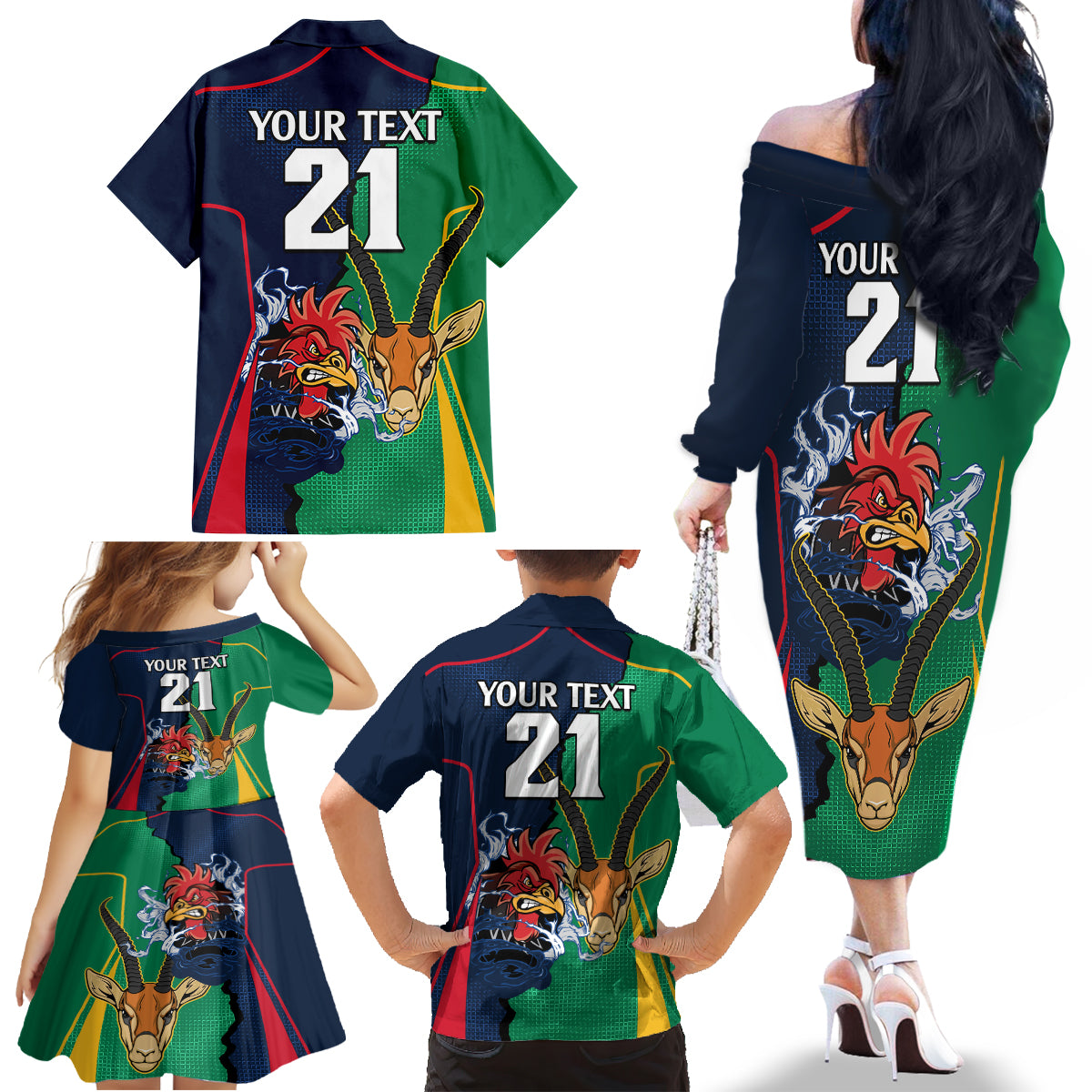 Custom France South Africa Rugby Family Matching Off Shoulder Long Sleeve Dress and Hawaiian Shirt Springboks and Gallic Rooster World Cup 2023 - Wonder Print Shop