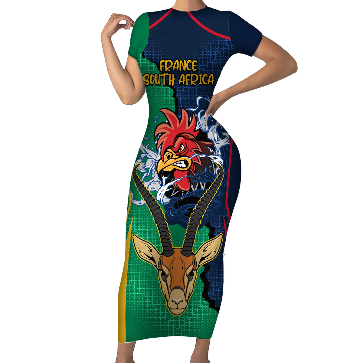 Custom France South Africa Rugby Family Matching Short Sleeve Bodycon Dress and Hawaiian Shirt Springboks and Gallic Rooster World Cup 2023 - Wonder Print Shop