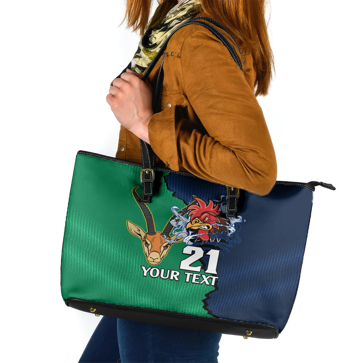 Custom France South Africa Rugby Leather Tote Bag Springboks and Gallic Rooster World Cup 2023 - Wonder Print Shop
